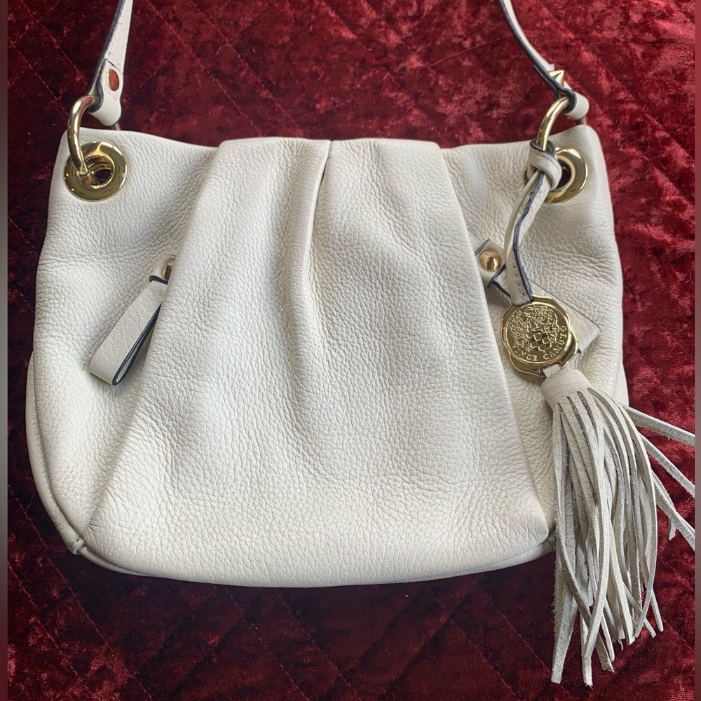 Vince Camuto White Leather Shoulder Bag with Tassel and Gold Medallion
